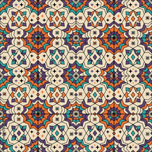 Seamless Retro Geometric Stained Glass Mandala Pattern in Vintage Colors