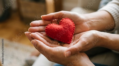 Couple holding red felt heart in hands for love and support.