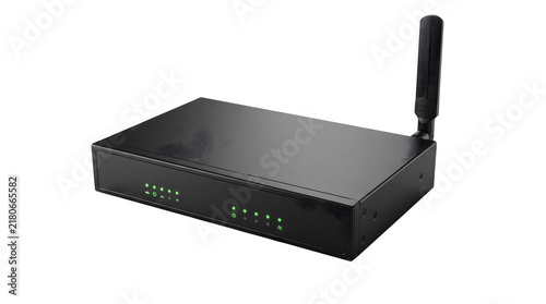 Isolated firewall router device with glowing green LEDs on white background
