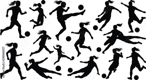 Bild auf Leinwand Women soccer players silhouette collection featuring female athletes kicking run