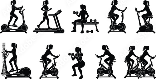 Фотография Women workout cardio machine vector silhouette icon set featuring spinning bike