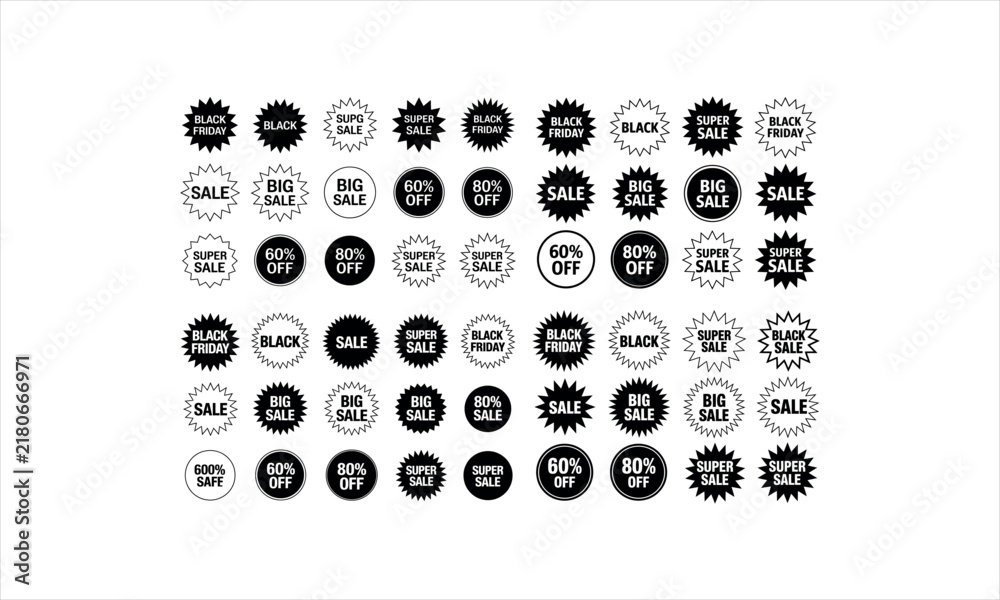 Fototapeta premium Collection of black friday sale badges and starburst labels with percentage discounts