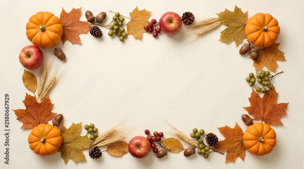 Fototapeta premium Autumn floral frame with pumpkins and colorful fall leaves on white background