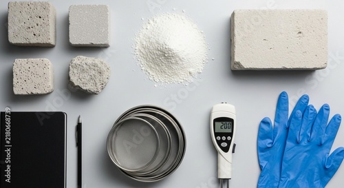 Laboratory flat lay featuring scientific testing equipment and material samples for analysis and research