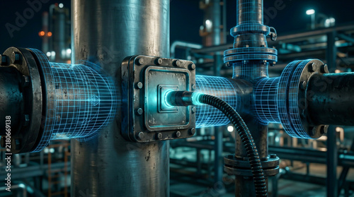 Glowing blue digital grid overlay on industrial pipe connection and data cable