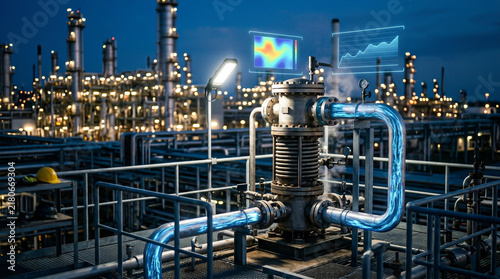 Industrial plant glows at night with digitally monitored pipeline systems
