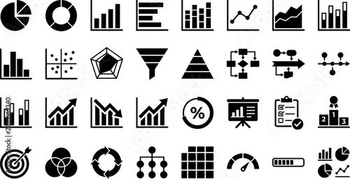 Set of business and data analysis icons, vector illustration of various charts, graphs, and diagrams