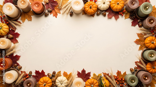 Thanksgiving border with autumn leaves, pumpkins and candles on a white background