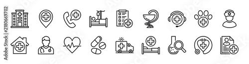 Hospital icon set. Contains map pin location, emergency call support, doctor, patient information data, medicine, pharmacy, health care report, nurse, veterinarian, heartbeat, ambulance, lab - vector