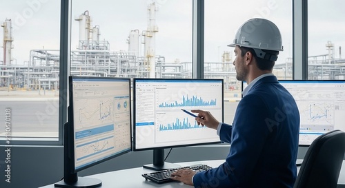 Process engineer reviewing data on dual monitors at a control desk with industrial plant visible through window
