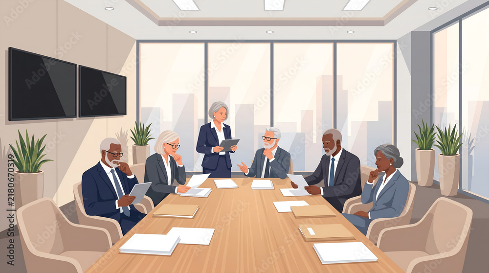 Obraz premium Independent Directors Evaluating Technology Ethics and Regulatory Compliance in Formal Strategic Review Meeting Inside Contemporary International Executive Boardroom