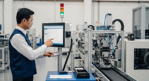 Quality Assurance Engineer Interacting with Industrial Automation System on Production Line