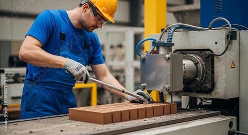 Skilled industrial worker in yellow hardhat performs maintenance on manufacturing machinery with brick material