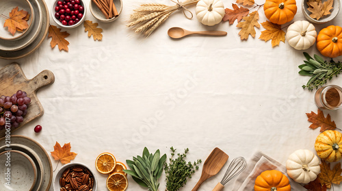 Thanksgiving food border with pumpkins and autumn leaves on white rustic kitchen table