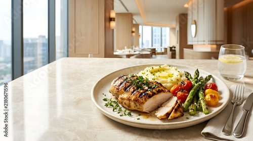 Grilled chicken breast with mashed potatoes and asparagus in a luxury hotel restaurant