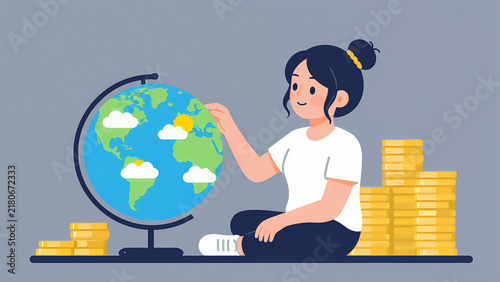 A young Asian woman sits beside a world globe and tall stacks of coins to represent international finance.