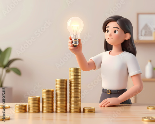 A young woman holds a glowing lightbulb above stacks of coins, symbolizing investment and ideas.