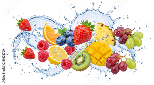 Assortment of fresh fruits splashing in water with png on isolated transparent background © PNG Studio 99