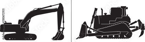 Heavy construction machinery silhouettes featuring excavator and bulldozer with transparent backgrounds ideal for industrial design projects and engineering illustrations