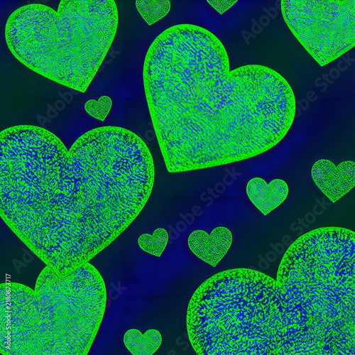 Glowing neon glitter green hearts pattern on dark neon blue background heart texture wallpaper