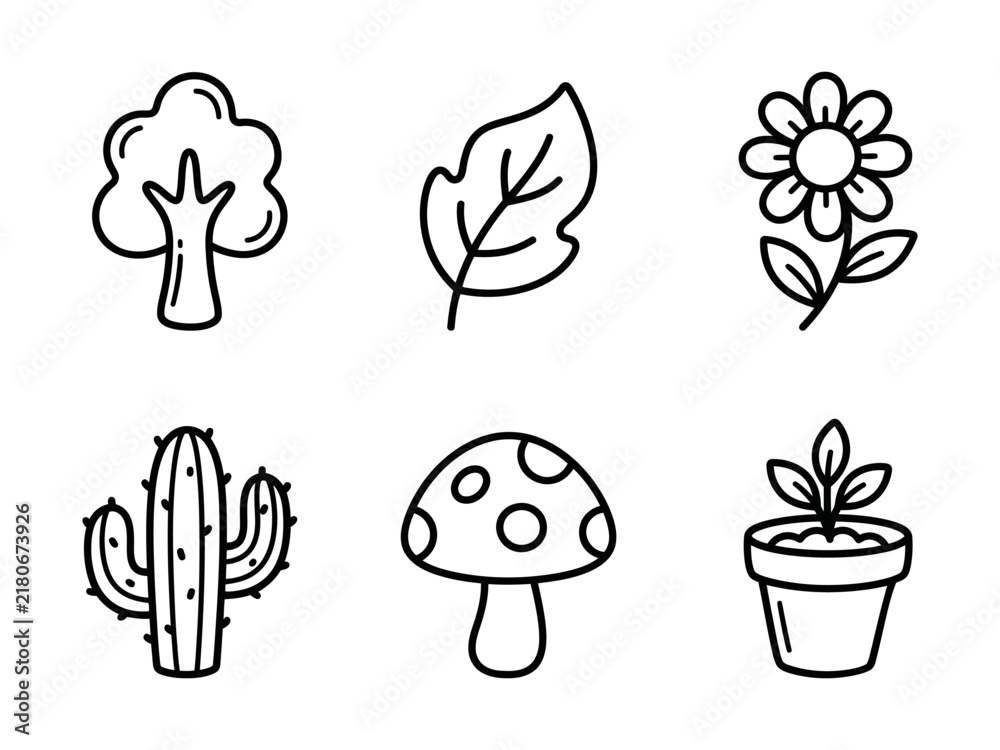 Naklejka premium Nature and Plant Hand Drawn Line Icon Set