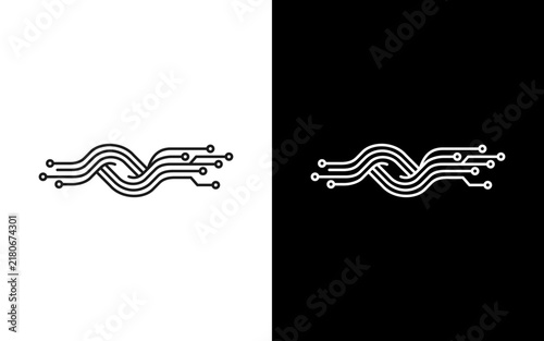 Circuit Board Wave Lines Logo Design, Digital Data Network Vector Illustration