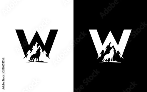 Wolf Letter W Mountain Logo Design, Howling Animal Vector Illustration