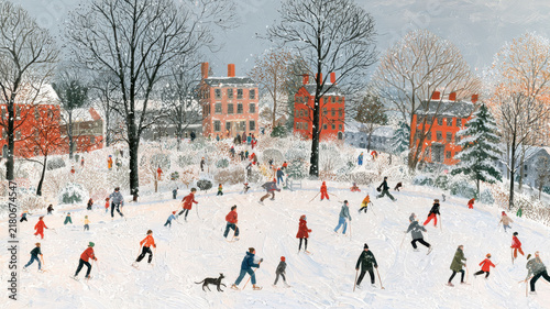 Families and friends enjoy skiing and snowshoeing on a picturesque snowy hillside beside historic brick houses and frosted trees, capturing a festive winter village scene