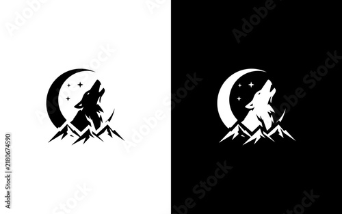 Howling Wolf Moon Mountain Logo Design, Wild Animal Vector Illustration