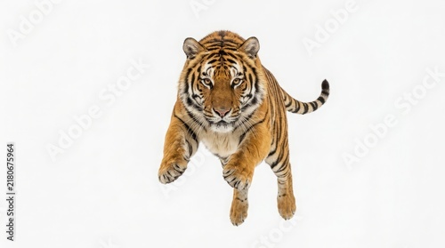 Majestic Tiger Jumping Mid-Air Action Shot Isolated on White Background