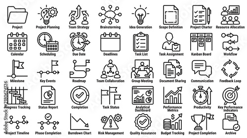 Colorful set of diverse icons showing different office and communication tools