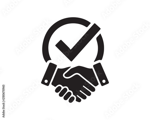 Handshake agreement icon with check mark inside circle representing deal success
