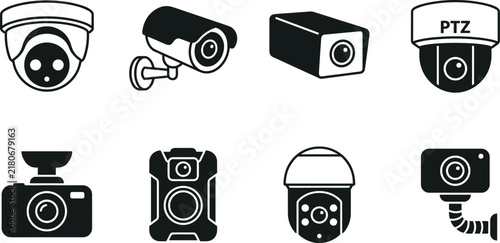 Fotografie Various security surveillance camera models vector set featuring dome ptz bullet