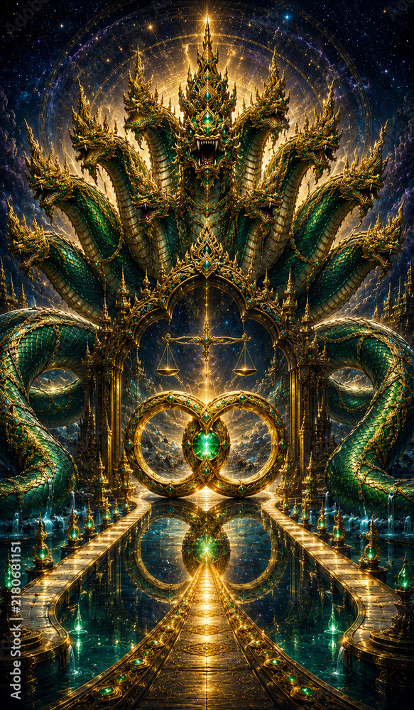 Fototapeta premium Majestic Serpent Temple with Cosmic Reflections