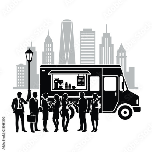 Foto Food truck in city with people waiting to order