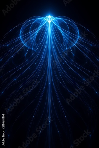 Bioluminescent blue fiber optic jellyfish, glowing neural network energy lines, abstract digital data flow on black background