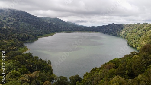 Aerial view of scenic Twin Lakes Buyan and Tamblingan in volcanic highlands