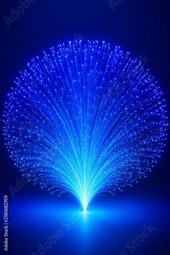 Fiber optic cable bundle with glowing blue lights, high speed data transmission concept, digital network communication technology