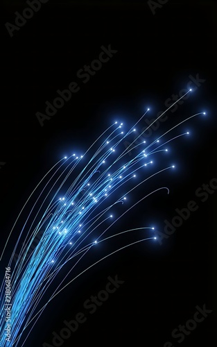 Glowing fiber optic cables on black background, blue high-speed internet data transmission, digital telecommunications technology