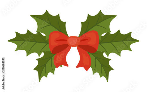 Lovely hand drawn Christmas holly branch with bright red satin bow vector. Festive cartoon winter foliage decoration. Great for retro holiday wrapping paper greeting cards and gift tags.
