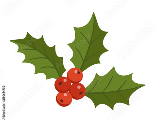 Christmas Holly Berry vector element. Features Hand Drawn green spiky leaves and red winter berries. Perfect for holiday greeting cards sticker design and xmas party invitations.