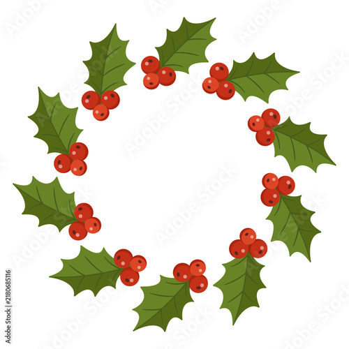 Exquisite hand drawn Christmas holly berry wreath vector. Beautiful flat style circular foliage frame isolated. Perfect for holiday greeting cards badges and logo design, web.