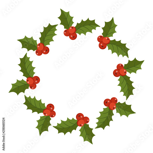 Exquisite hand drawn Christmas holly berry wreath vector. Beautiful flat style circular foliage frame isolated. Perfect for holiday greeting cards badges and logo design, web.