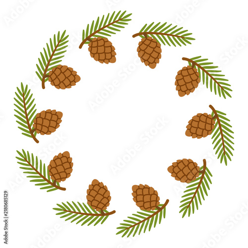 Beautiful hand drawn Christmas pine cone wreath vector. Exquisite flat style circular evergreen branch frame isolated. Perfect for winter holiday greeting cards and badges.