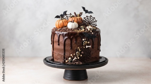 Elegant Halloween chocolate drip cake decorated with miniature pumpkins, bats, spider webs, skulls, bones, and chocolate shavings on a black cake stand. Clean studio composition with copy space, ideal