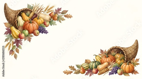 Autumn harvest cornucopias with fruits and gourds