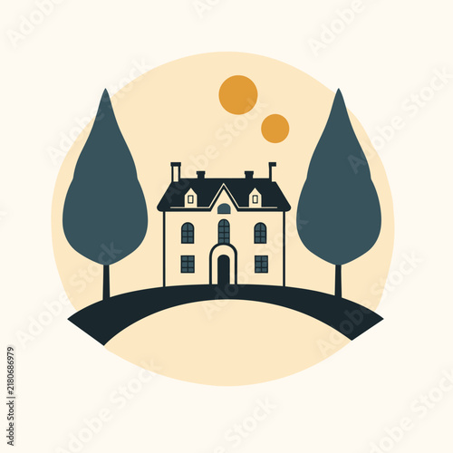 Suburban house with trees and sun illustration