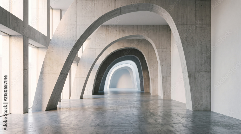 Obraz premium Abstract architectural light tunnel with monumental curved arches, modern minimalist gallery interior, soft daylight, white concrete surfaces, dramatic depth and elegant luxury background