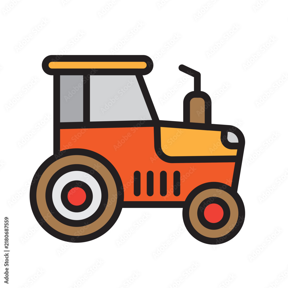 Fototapeta premium Orange Tractor Flat Icon Farm Vehicle Illustration