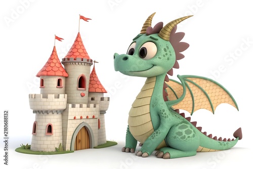 Cartoon dragon sitting beside a fairy tale castle